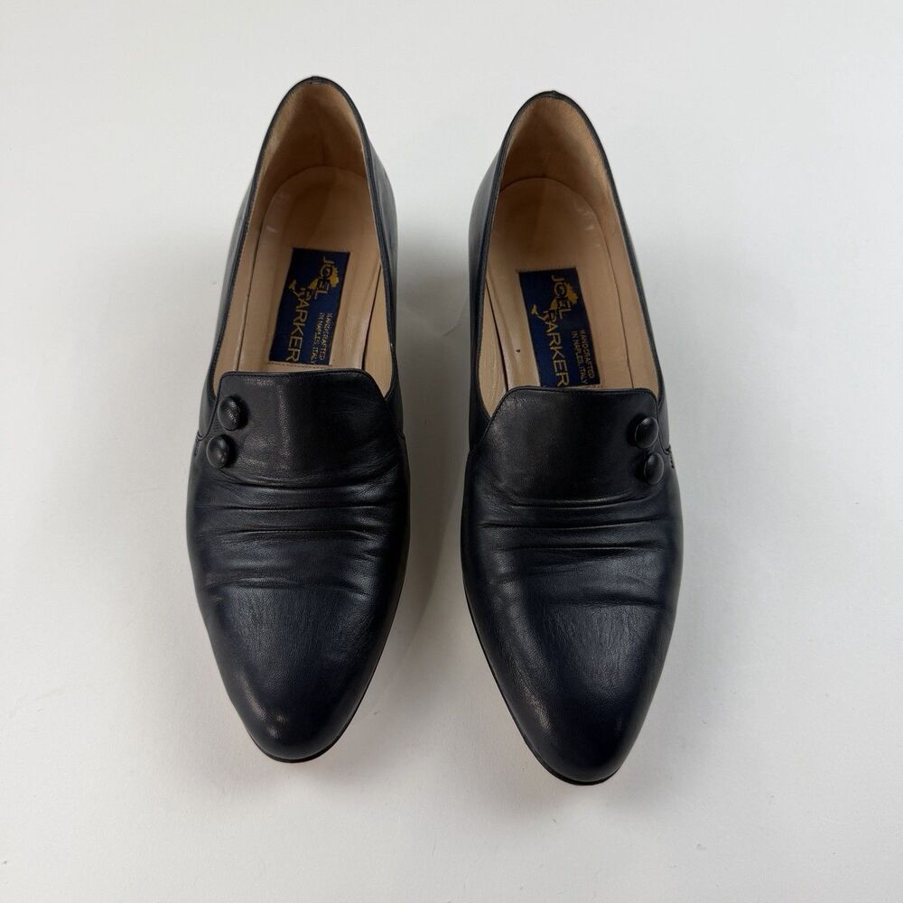 Joel Parker Women 7B Dark Navy Leather Heel Pump Shoes Retro Button Accent Italy